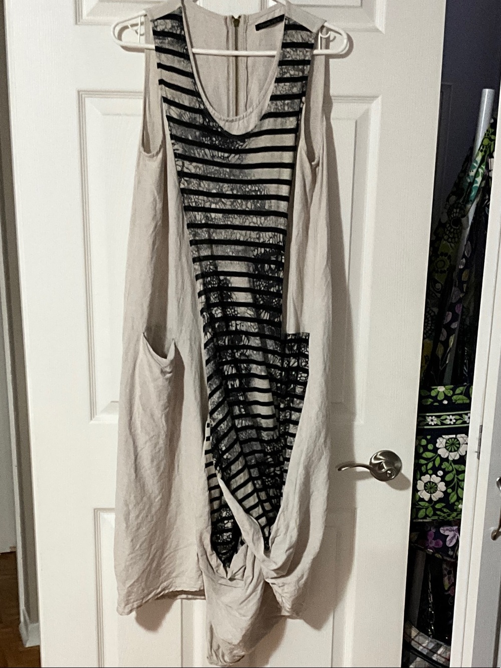 Sleeveless Beige Midi Dress with Black Jersey Striped Panel